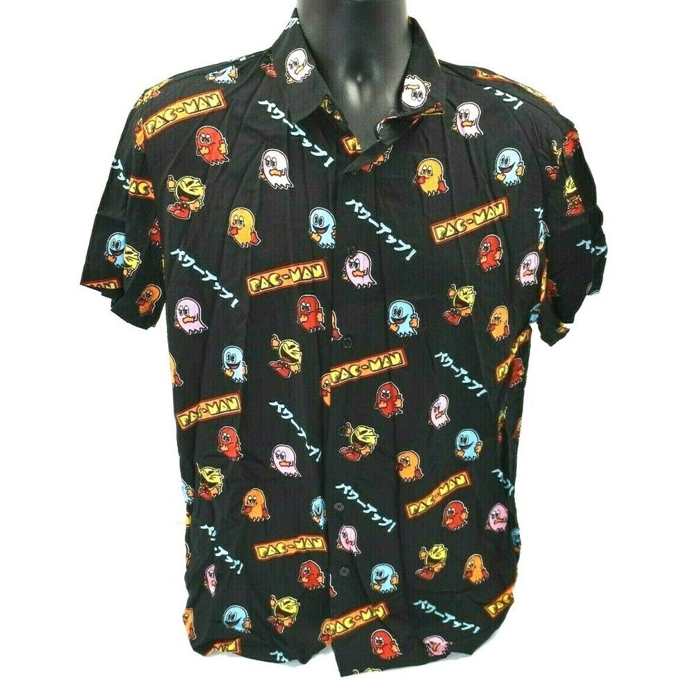 Pac-Man Arcade Game Men's Short-Sleeve Button-Up‎ Shirt Size Medium NWOT
